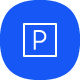 Parking icon in white on blue background, symbolizing a parking area or service in a digital context.